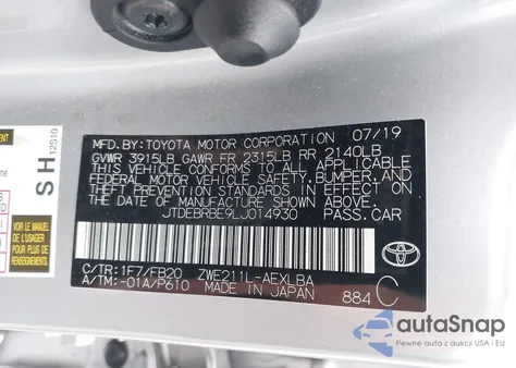 2020 Toyota Corolla Hybrid Le z USA, uszkodzony, nr VIN JTDEBRBE9LJ014930